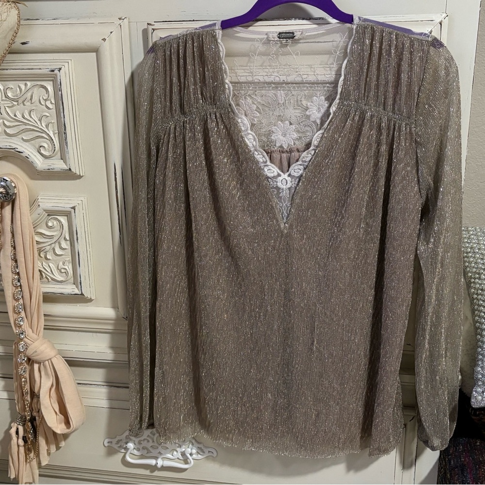 Gimmicks by BKE Brown Lace Ruched Long Sleeve Blouse